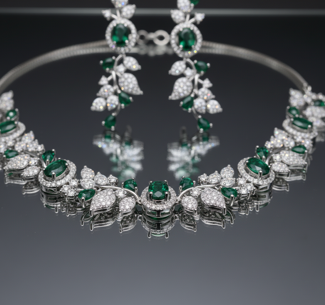 Elegant Leaf Vine AD Gemstone Necklace Set