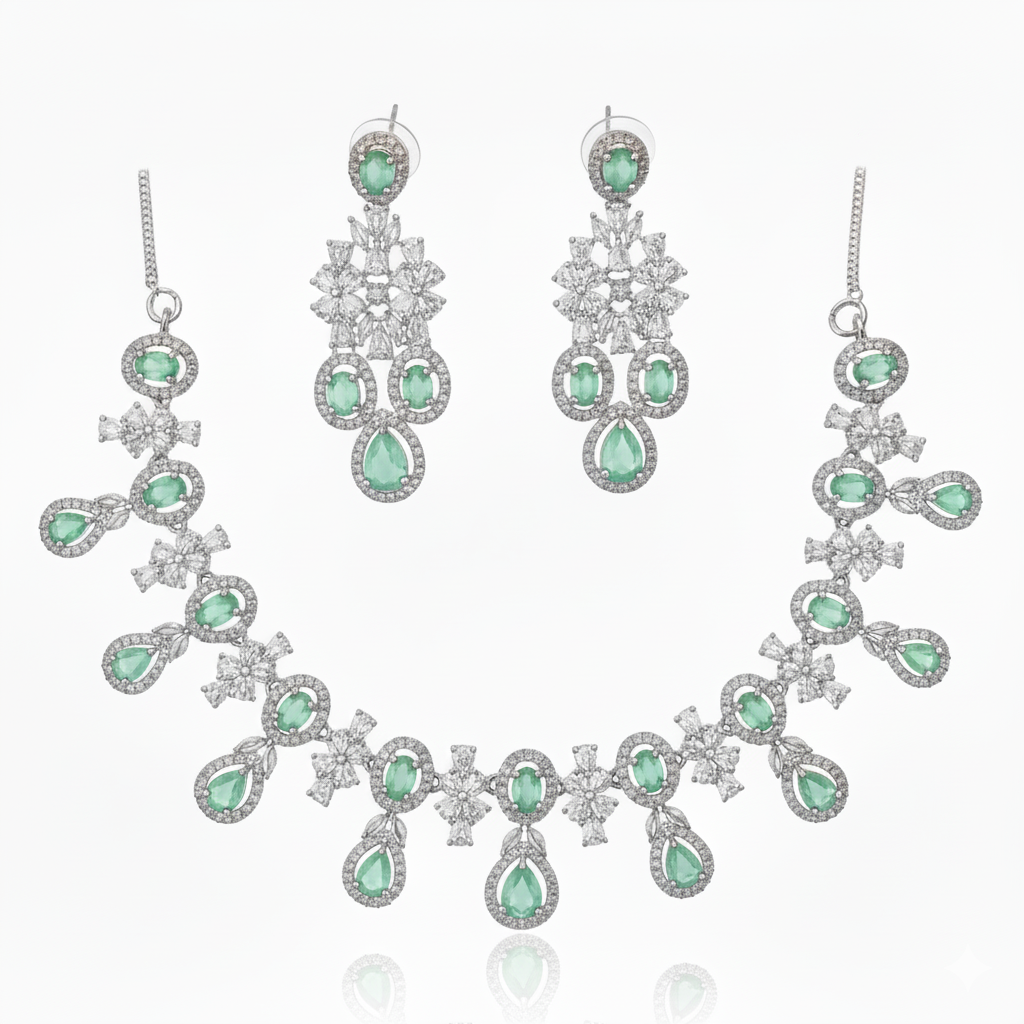Grand AD Gemstone Cluster Bridal Necklace Set