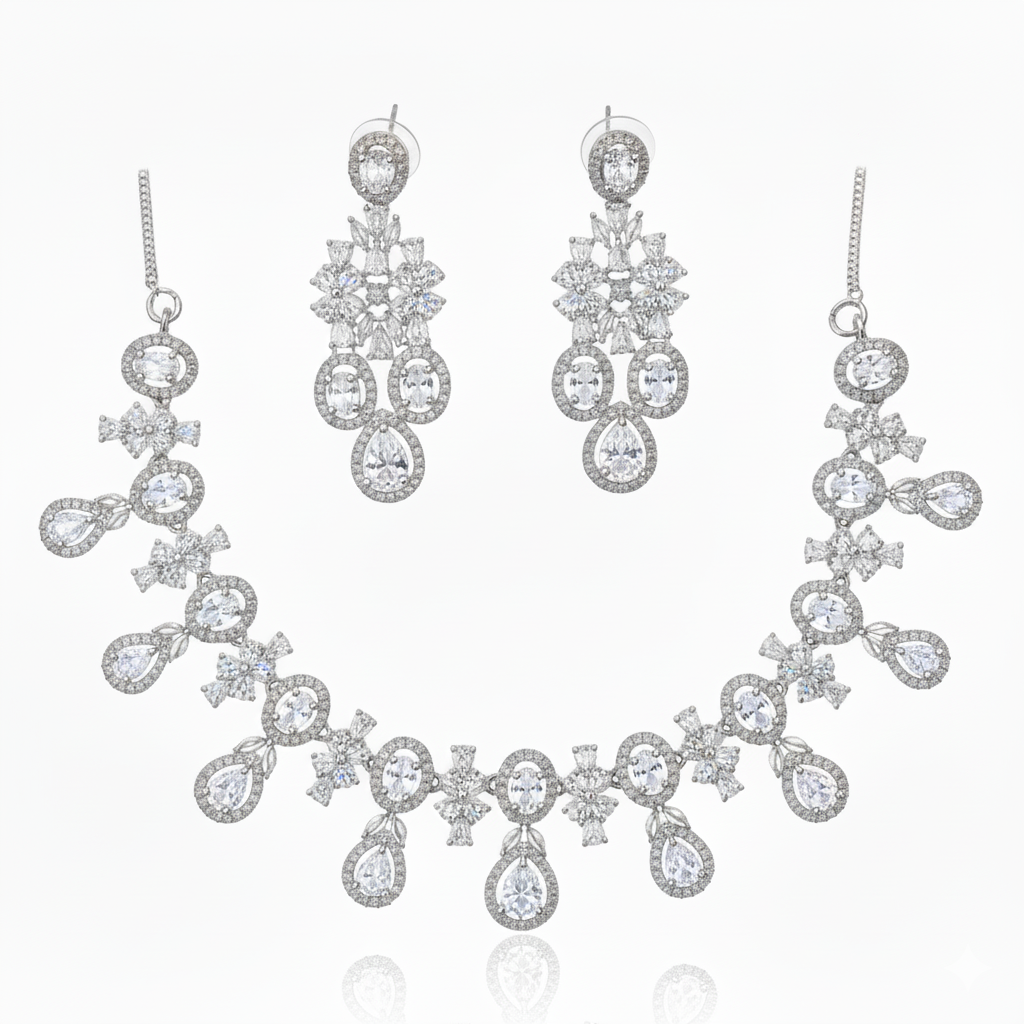 Grand AD Gemstone Cluster Bridal Necklace Set