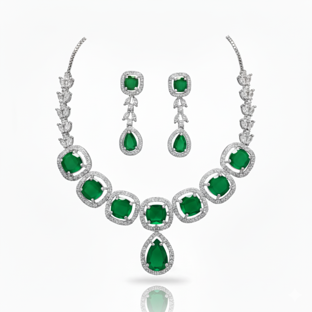 Premium Sapphire AD Diamond Halo Necklace Set