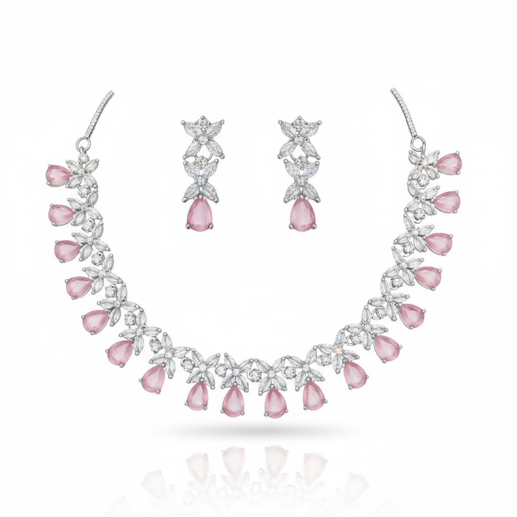 Elegant Pink Teardrop & Marquise AD Necklace Set