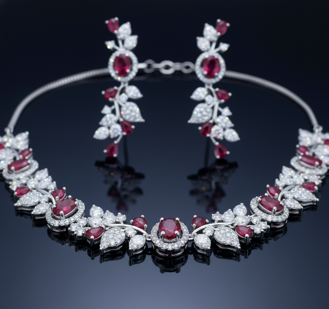 Elegant Leaf Vine AD Gemstone Necklace Set