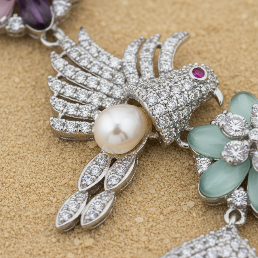 Luxury Moissanite & AD Floral Bird Necklace Set