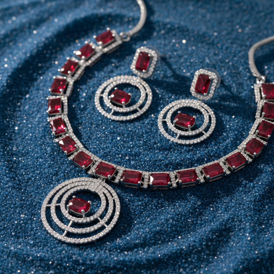 Modern Double Halo Gemstone AD Necklace Set