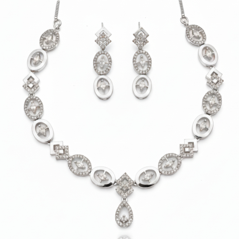 Modern Rhodium Plated Geometric AD Necklace Set