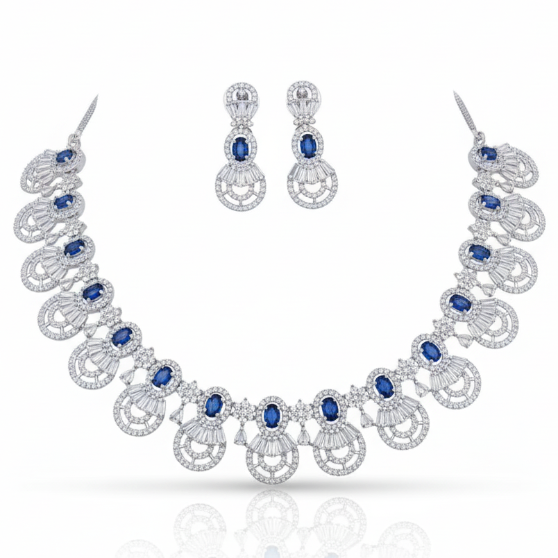 Grand Baguette AD Gemstone Halo Necklace Set