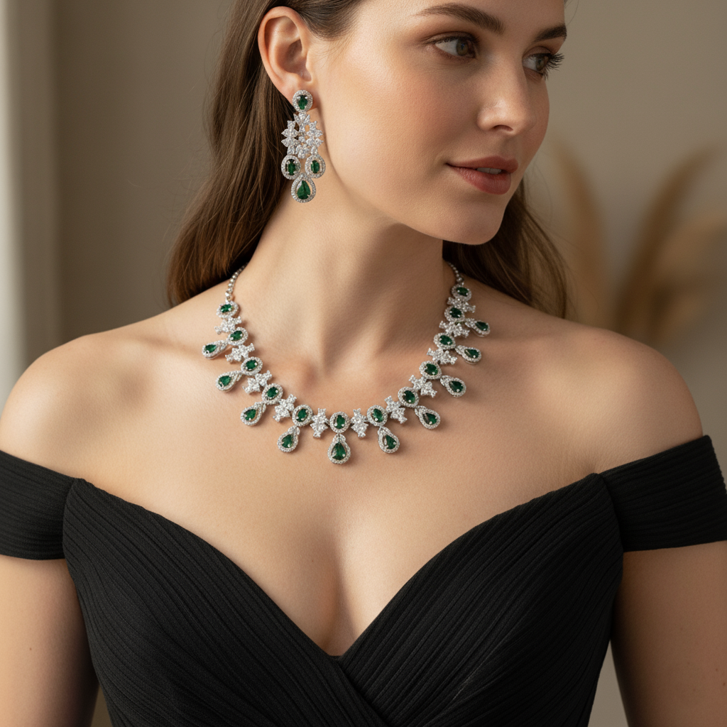 Grand AD Gemstone Cluster Bridal Necklace Set