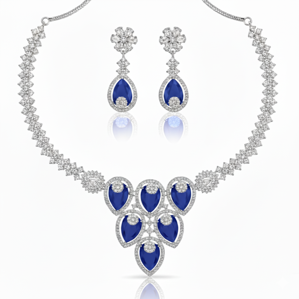 Grand Cascading Teardrop AD Bridal Necklace Set