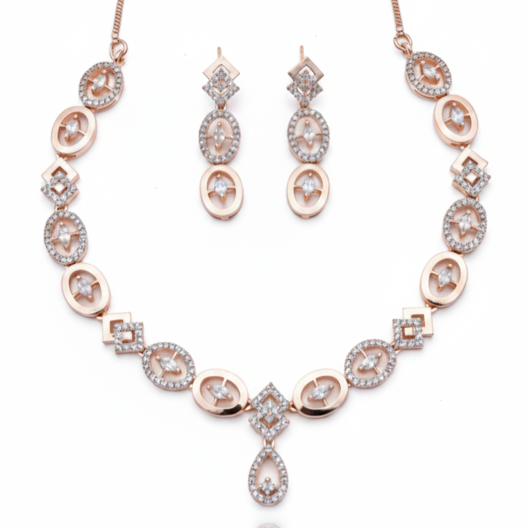 Modern Rose Gold Geometric AD Necklace Set