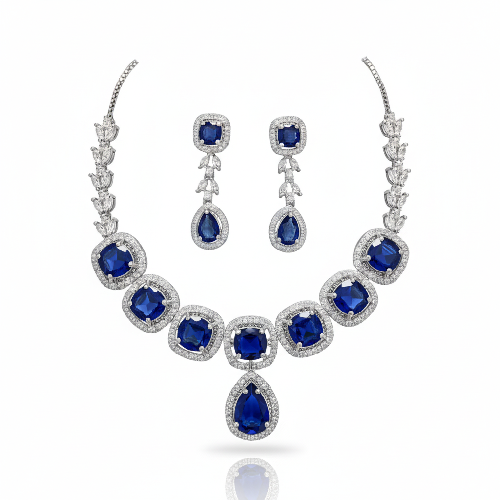 Premium Sapphire AD Diamond Halo Necklace Set