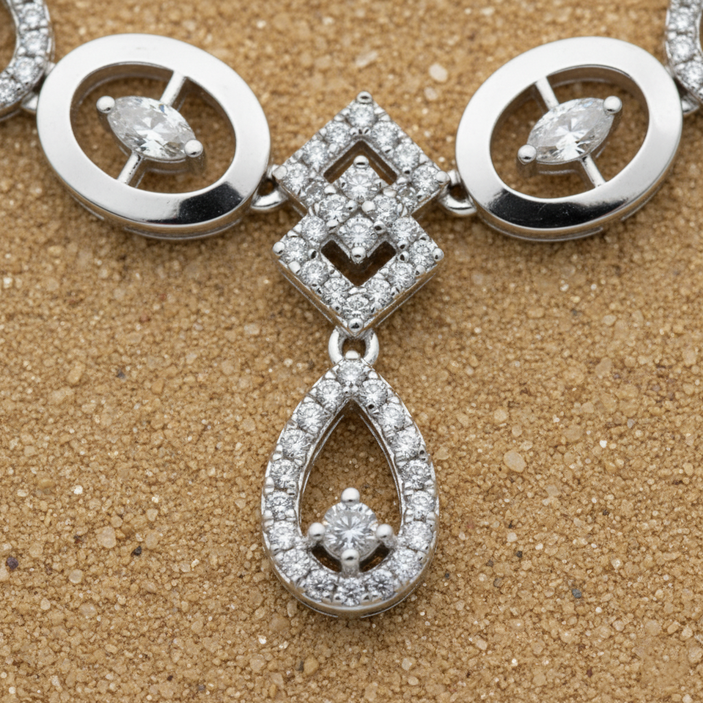 Modern Rhodium Plated Geometric AD Necklace Set