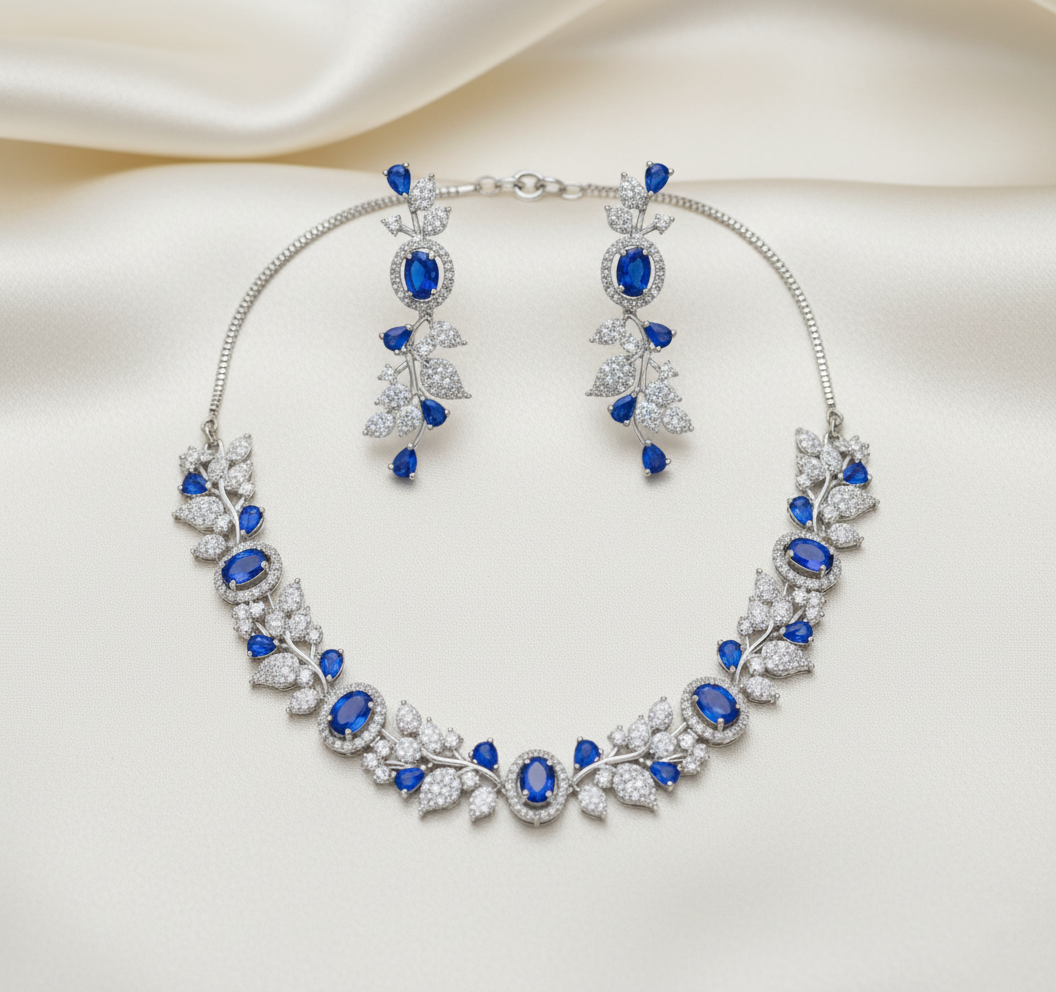 Elegant Leaf Vine AD Gemstone Necklace Set