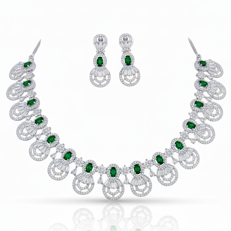 Grand Baguette AD Gemstone Halo Necklace Set