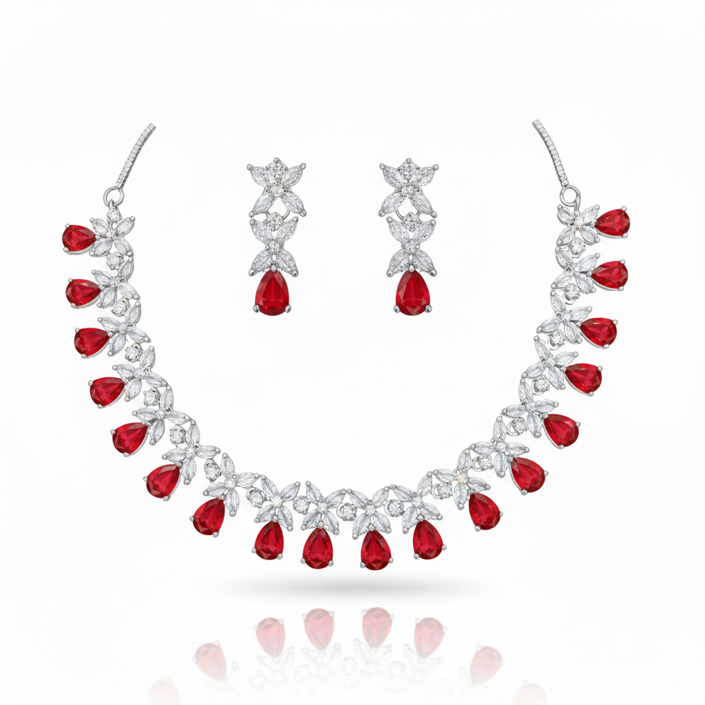 Elegant Pink Teardrop & Marquise AD Necklace Set