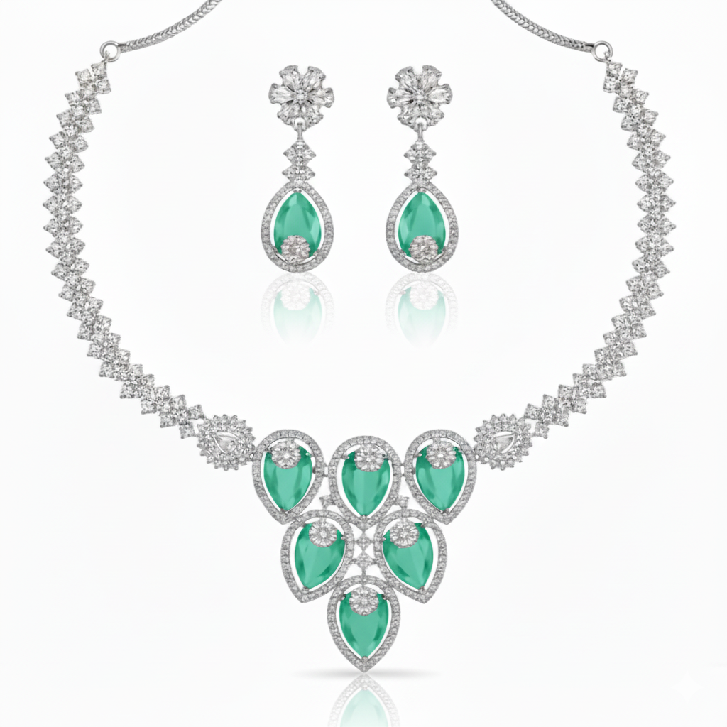 Grand Cascading Teardrop AD Bridal Necklace Set