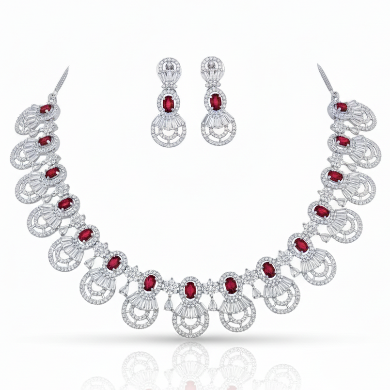 Grand Baguette AD Gemstone Halo Necklace Set