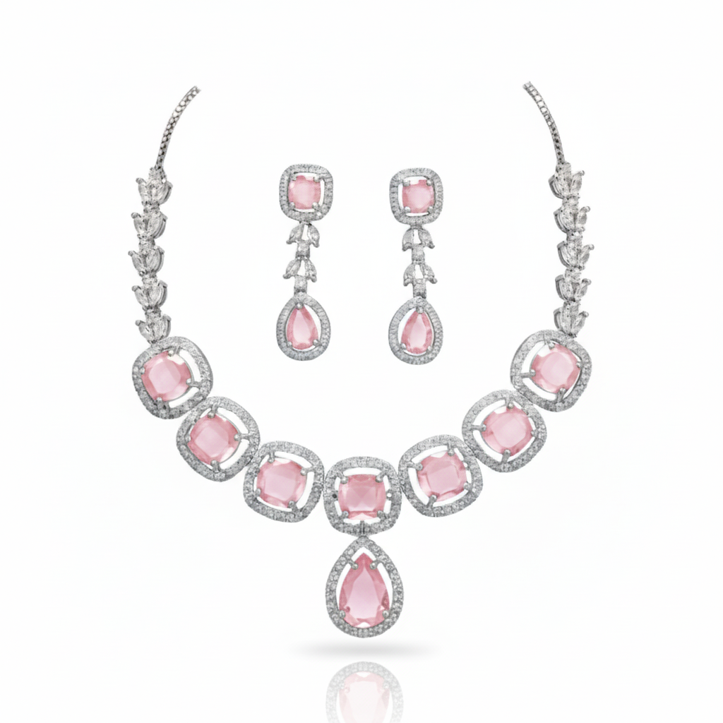 Premium Sapphire AD Diamond Halo Necklace Set