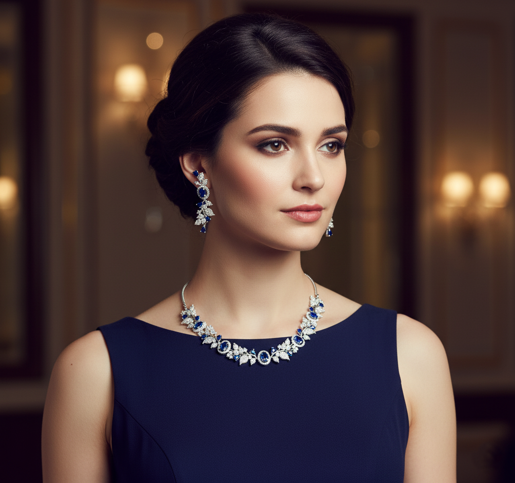 Elegant Leaf Vine AD Gemstone Necklace Set