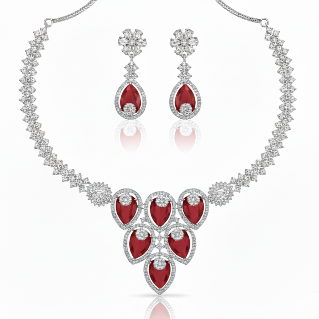 Grand Cascading Teardrop AD Bridal Necklace Set