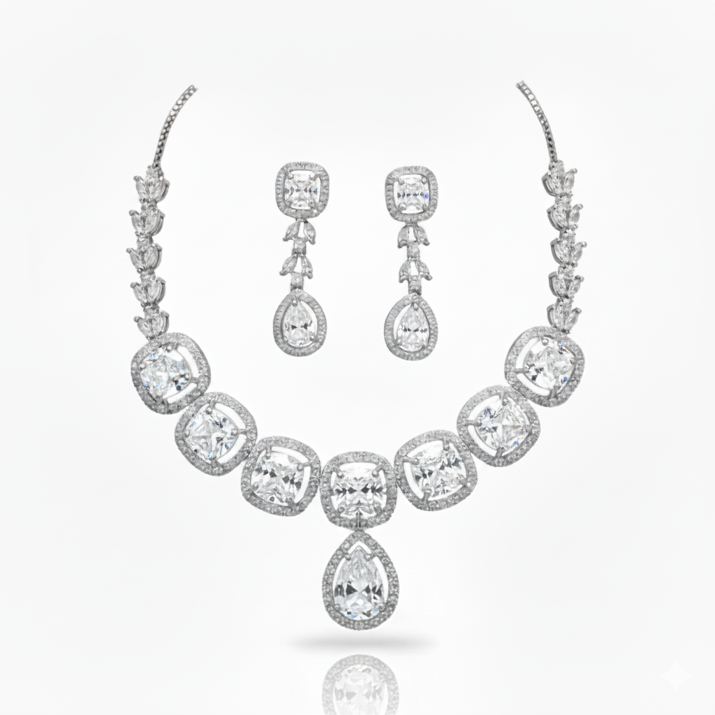 Premium Sapphire AD Diamond Halo Necklace Set