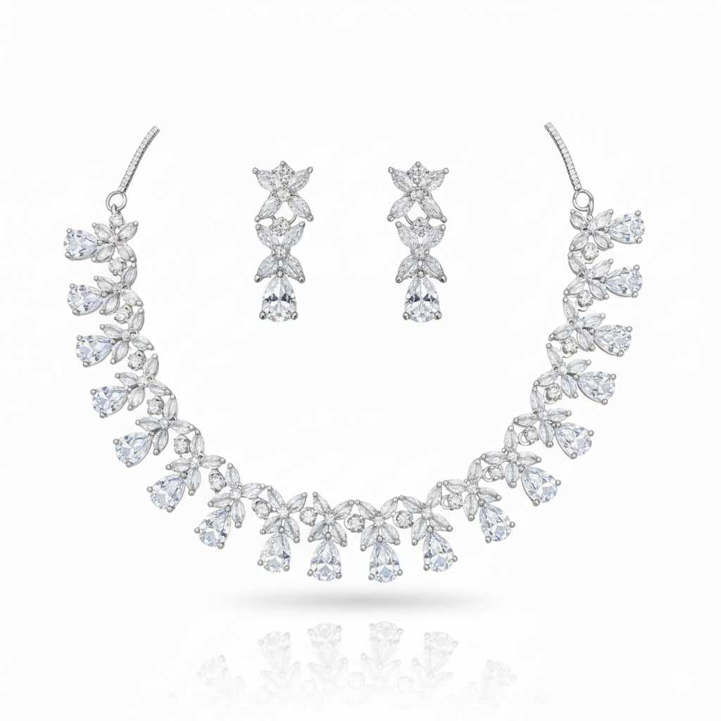 Elegant Pink Teardrop & Marquise AD Necklace Set