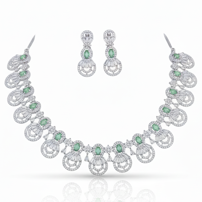 Grand Baguette AD Gemstone Halo Necklace Set