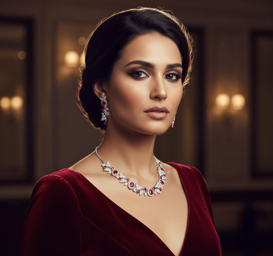 Elegant Leaf Vine AD Gemstone Necklace Set