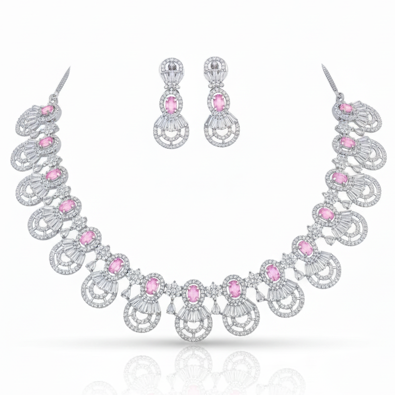 Grand Baguette AD Gemstone Halo Necklace Set