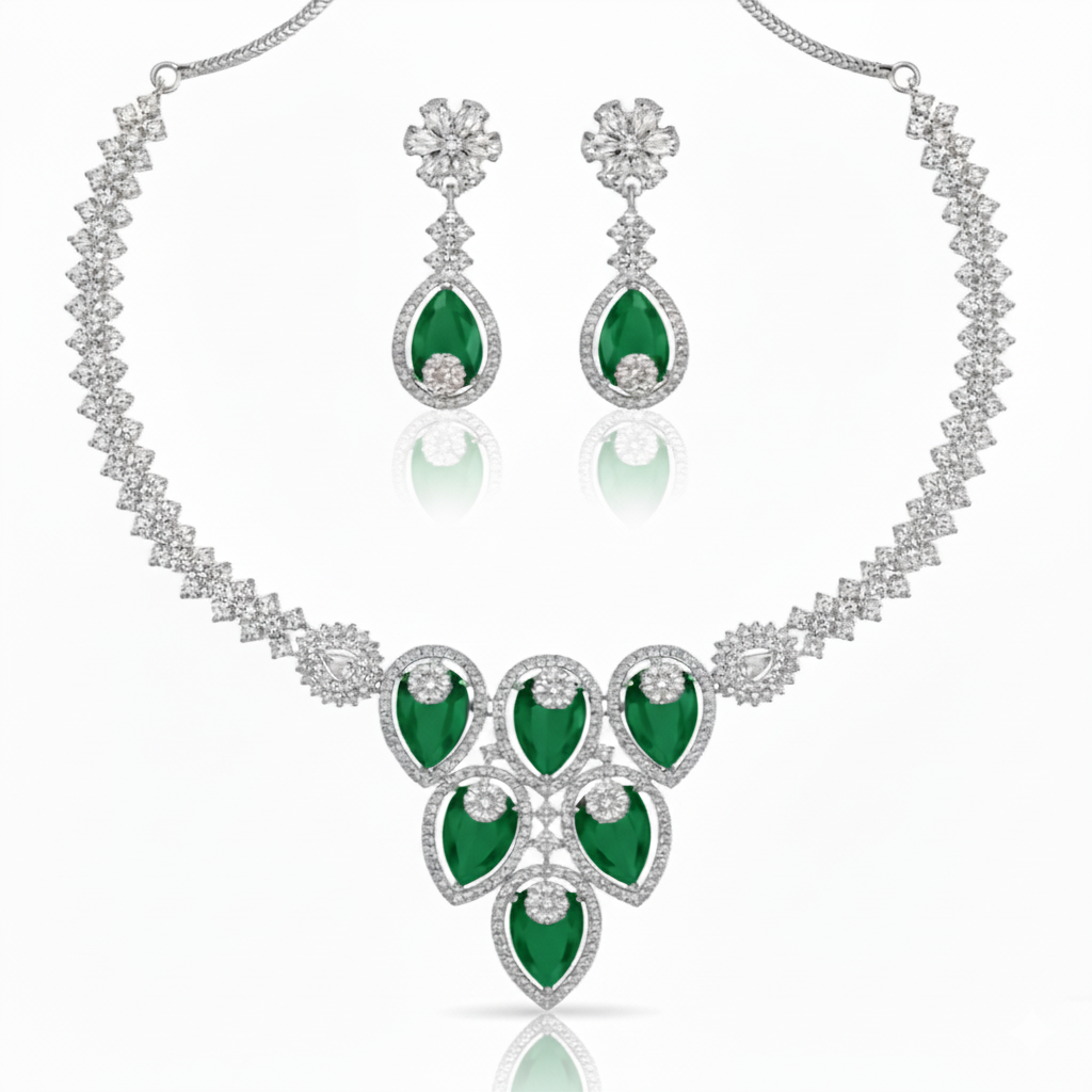 Grand Cascading Teardrop AD Bridal Necklace Set