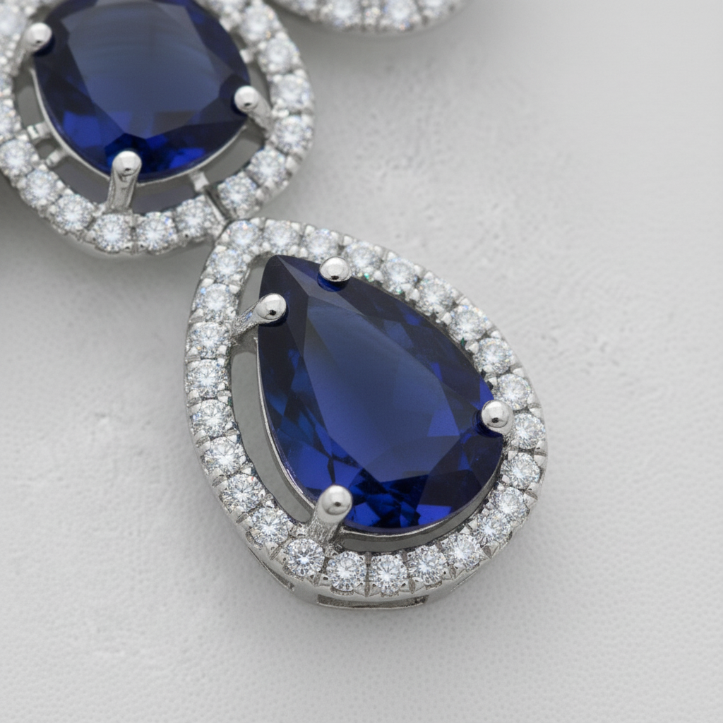 Premium Sapphire AD Diamond Halo Necklace Set