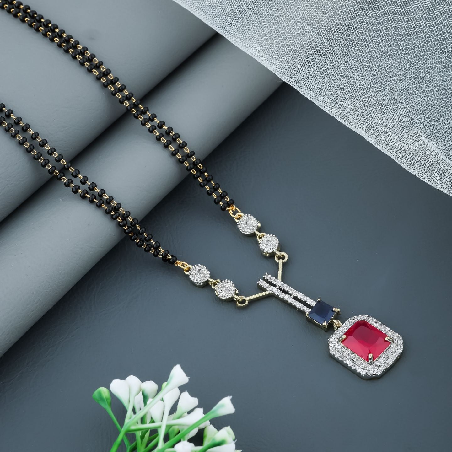 Modern Geometric Red and Blue Stone Mangalsutra