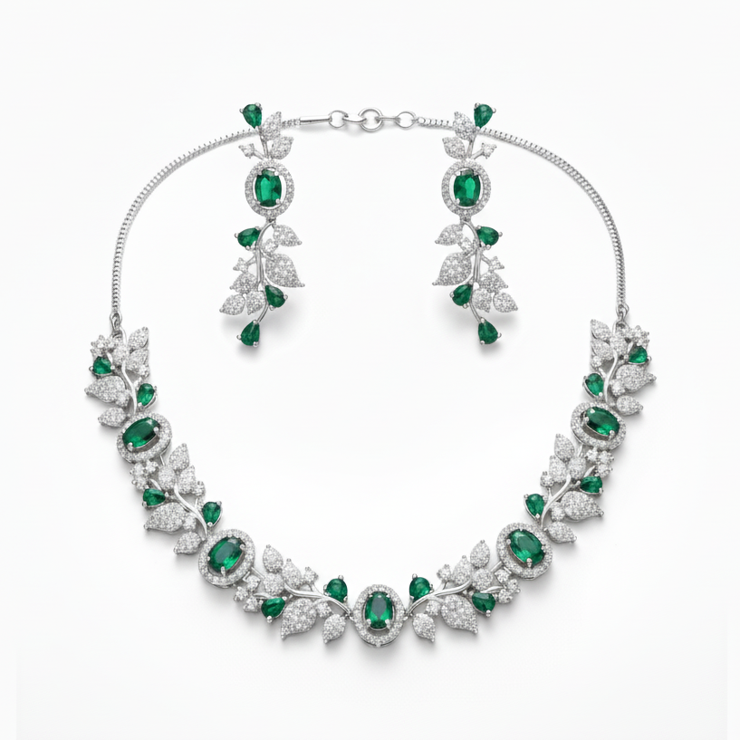 Elegant Leaf Vine AD Gemstone Necklace Set