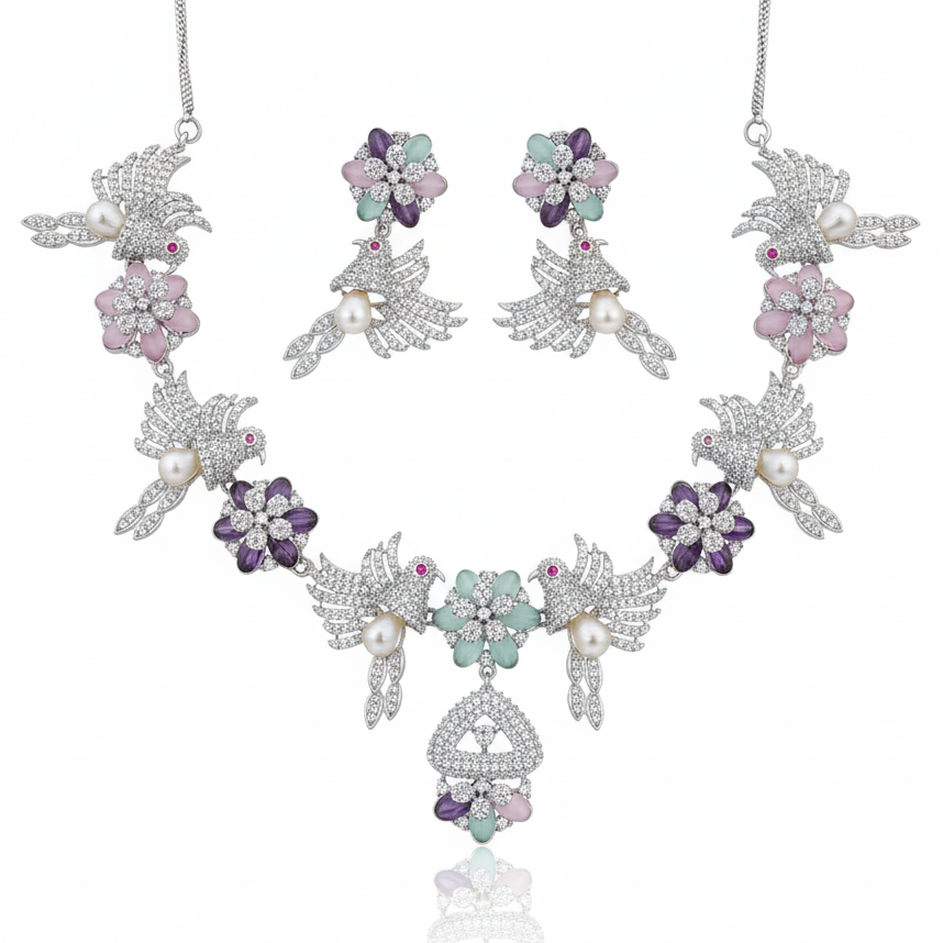 Luxury Moissanite & AD Floral Bird Necklace Set