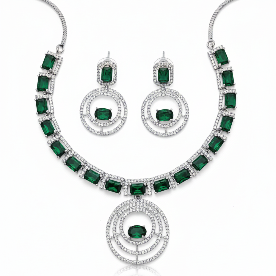 Modern Double Halo Gemstone AD Necklace Set
