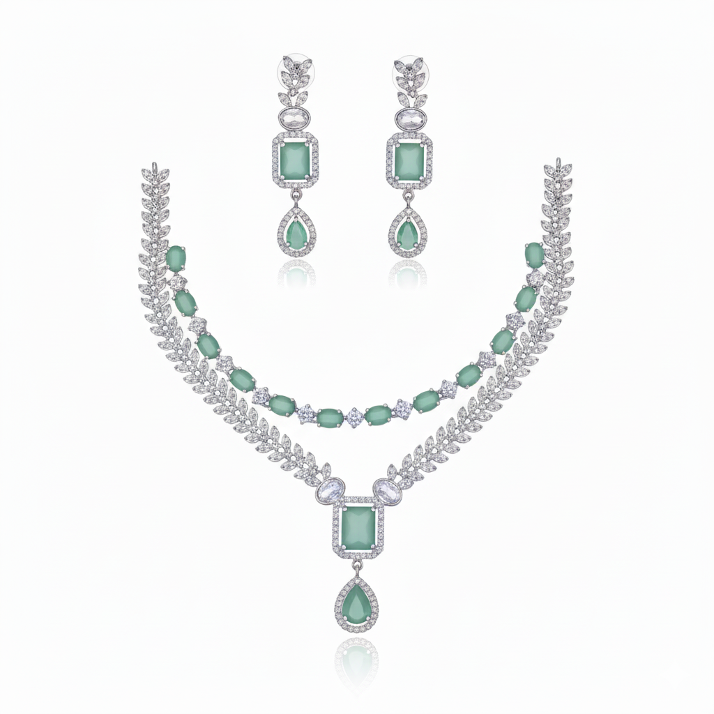 Grand Layered Leaf & Gemstone AD Bridal Set