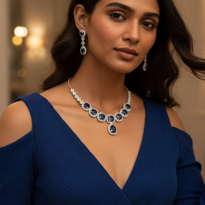 Premium Sapphire AD Diamond Halo Necklace Set