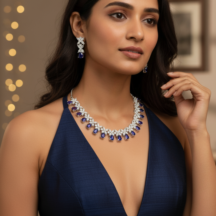 Elegant Pink Teardrop & Marquise AD Necklace Set