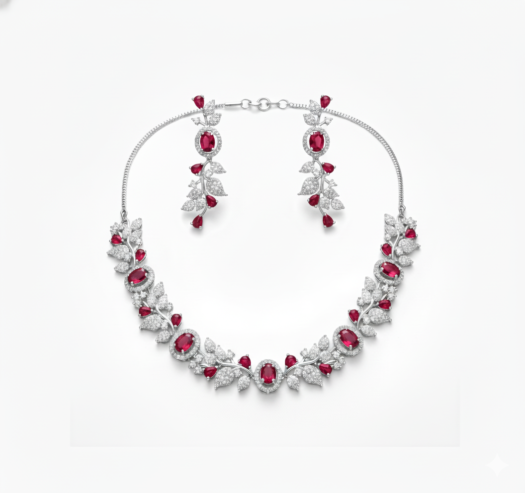 Elegant Leaf Vine AD Gemstone Necklace Set