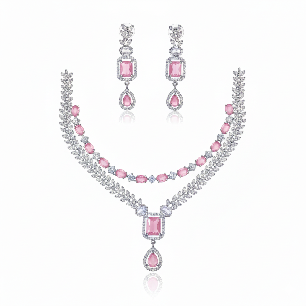 Grand Layered Leaf & Gemstone AD Bridal Set