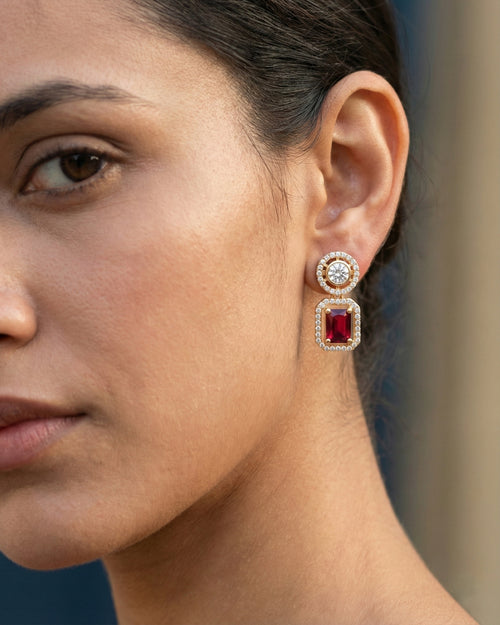 Red Emerald-Cut Concentric Earrings