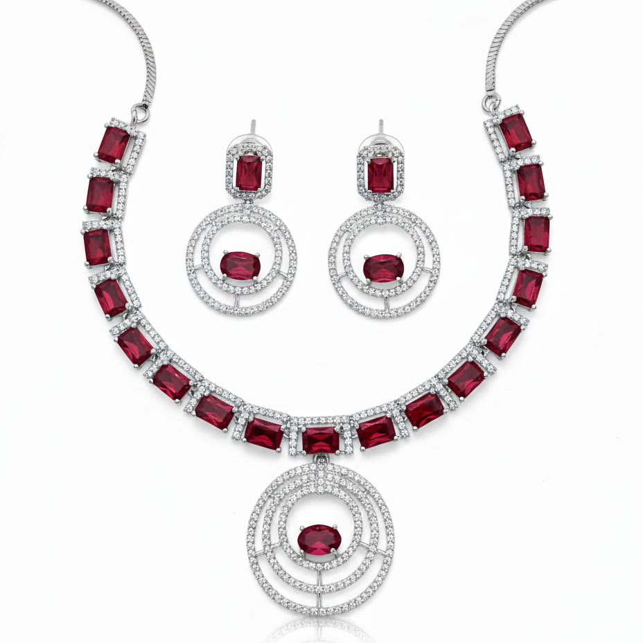 Modern Double Halo Gemstone AD Necklace Set