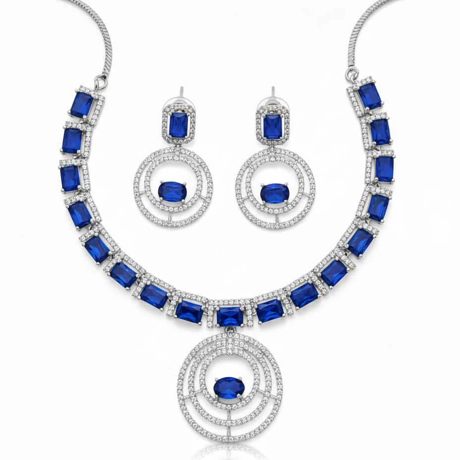 Modern Double Halo Gemstone AD Necklace Set