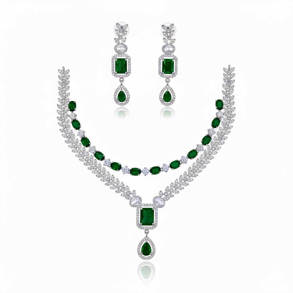 Grand Layered Leaf & Gemstone AD Bridal Set