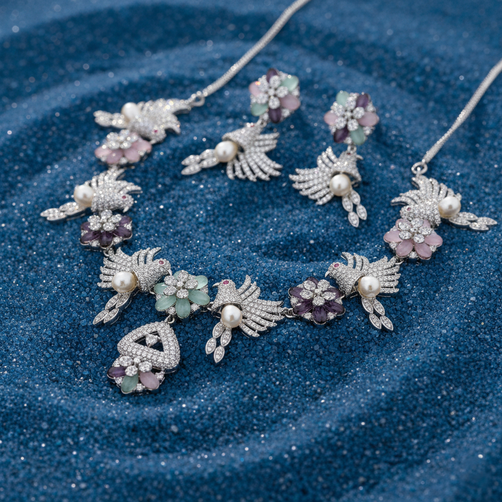 Luxury Moissanite & AD Floral Bird Necklace Set