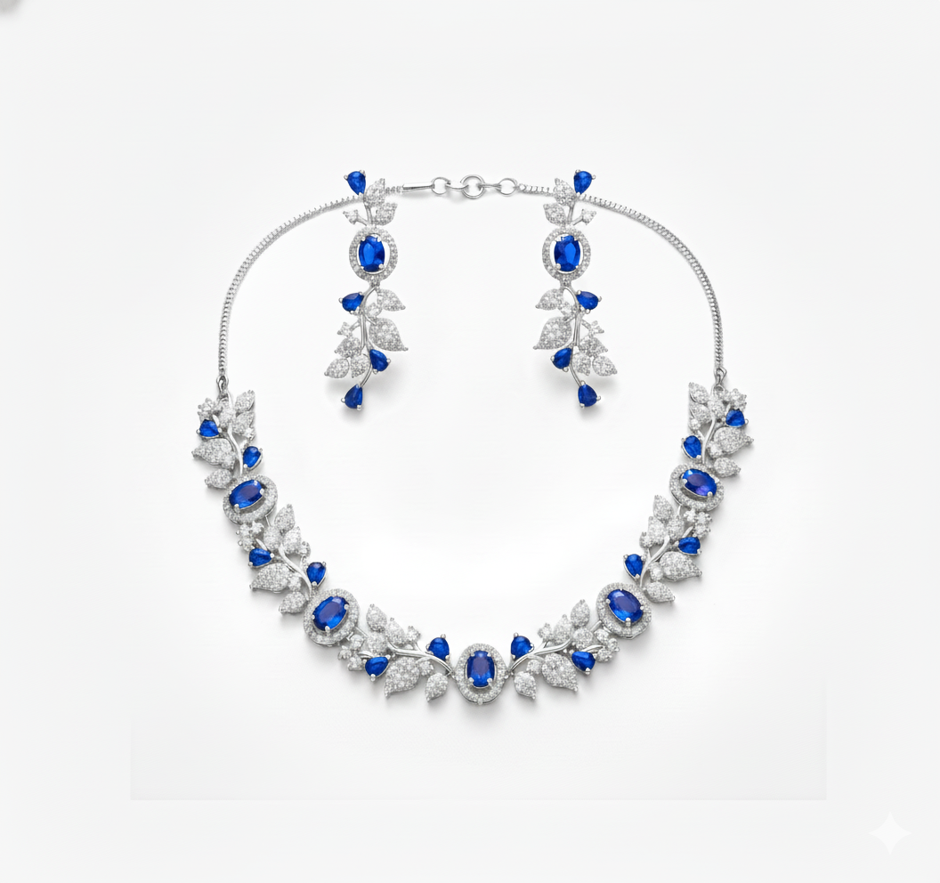 Elegant Leaf Vine AD Gemstone Necklace Set