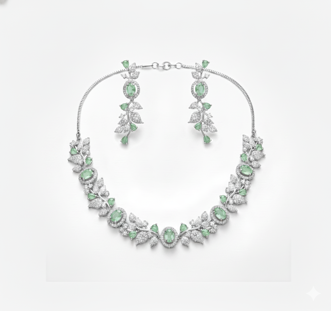 Elegant Leaf Vine AD Gemstone Necklace Set