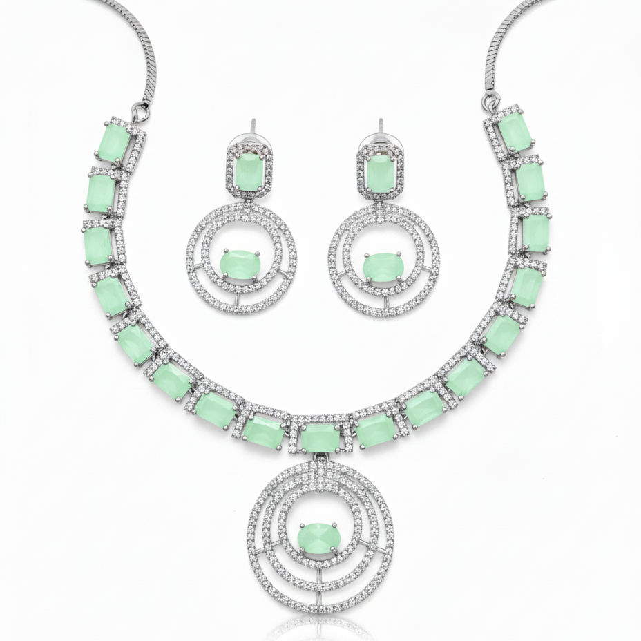 Modern Double Halo Gemstone AD Necklace Set