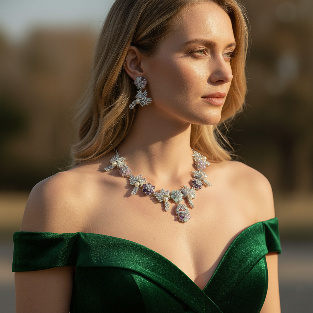 Luxury Moissanite & AD Floral Bird Necklace Set