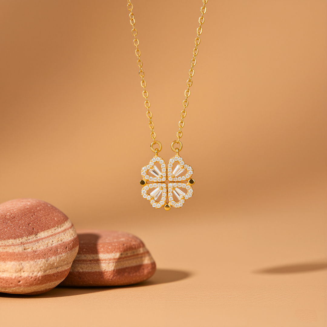 Gold Plated 2-in-1 Magnetic Clover Heart Necklace