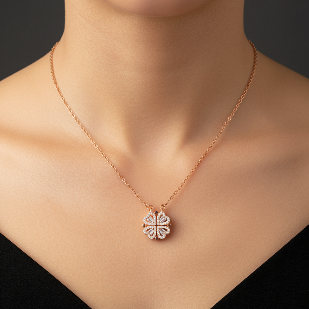 Gold Plated 2-in-1 Magnetic Clover Heart Necklace